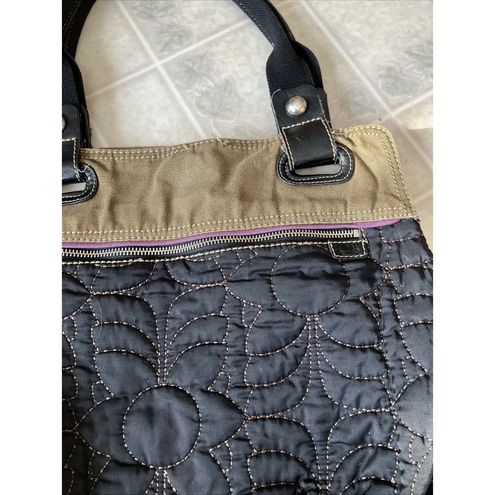 Fossil Key Per Purse Quilted Black Nylon Leather Tote Shoulder Bag Large‎